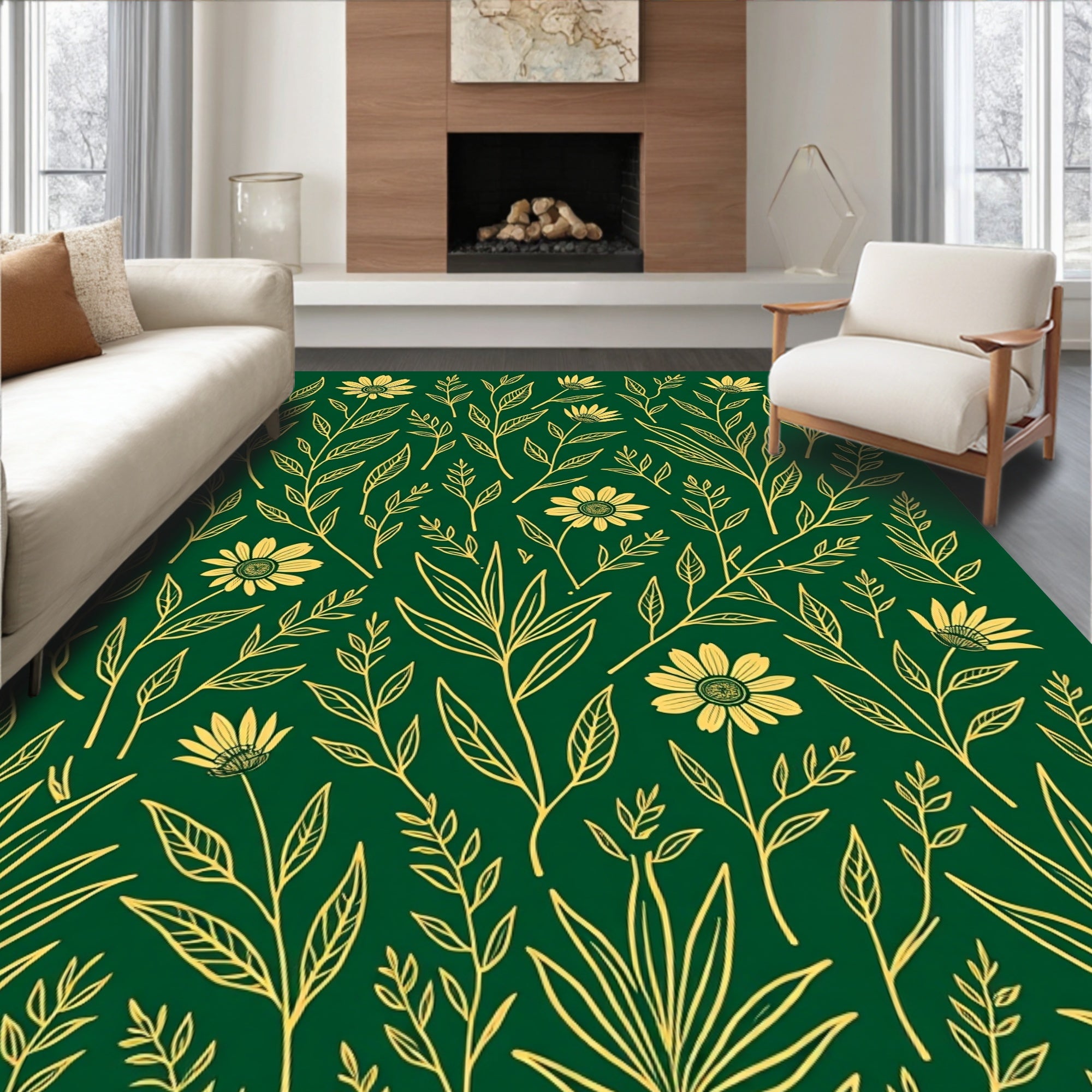 Golden Floral Botanical Design Rug