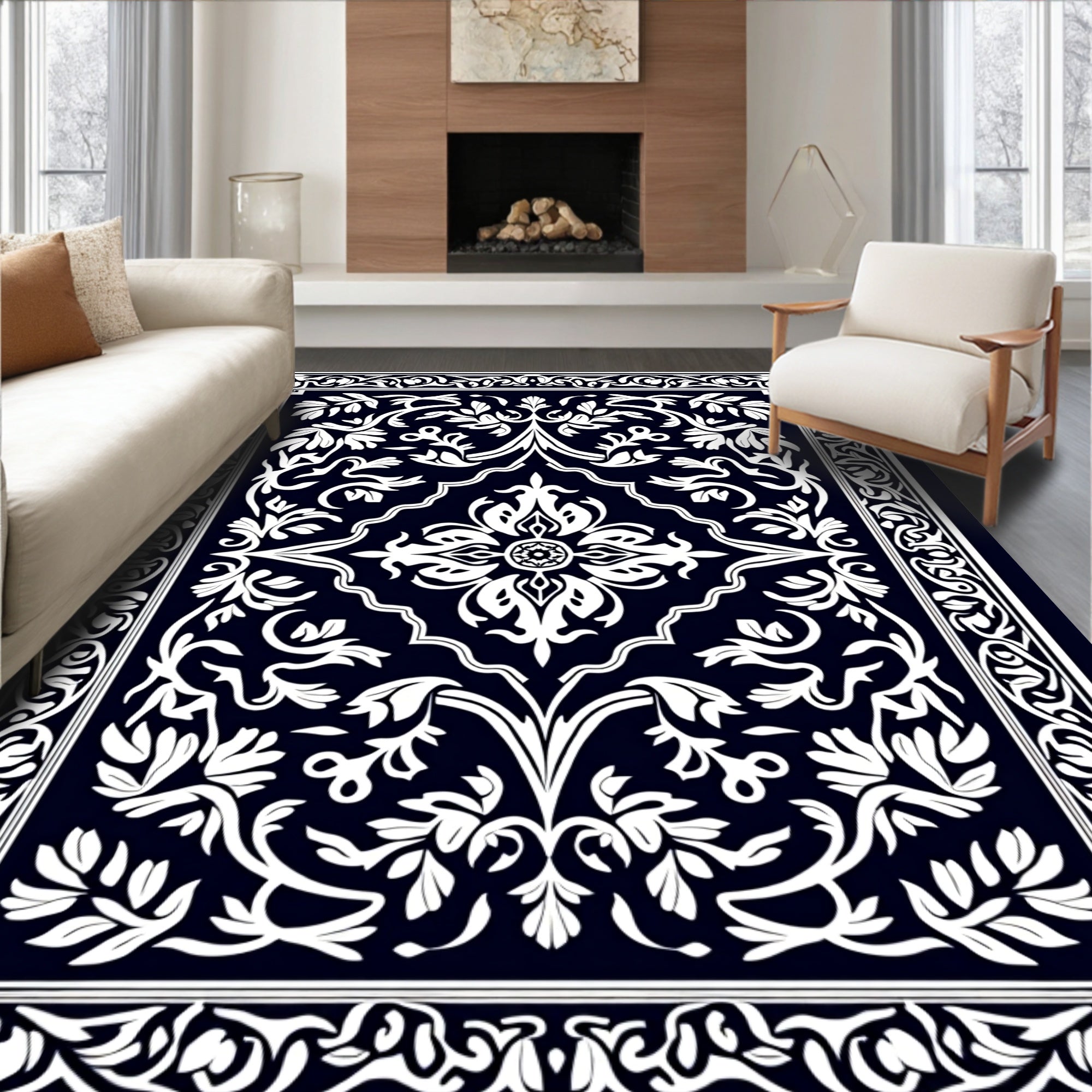 Elegant White Floral Bordered Rug