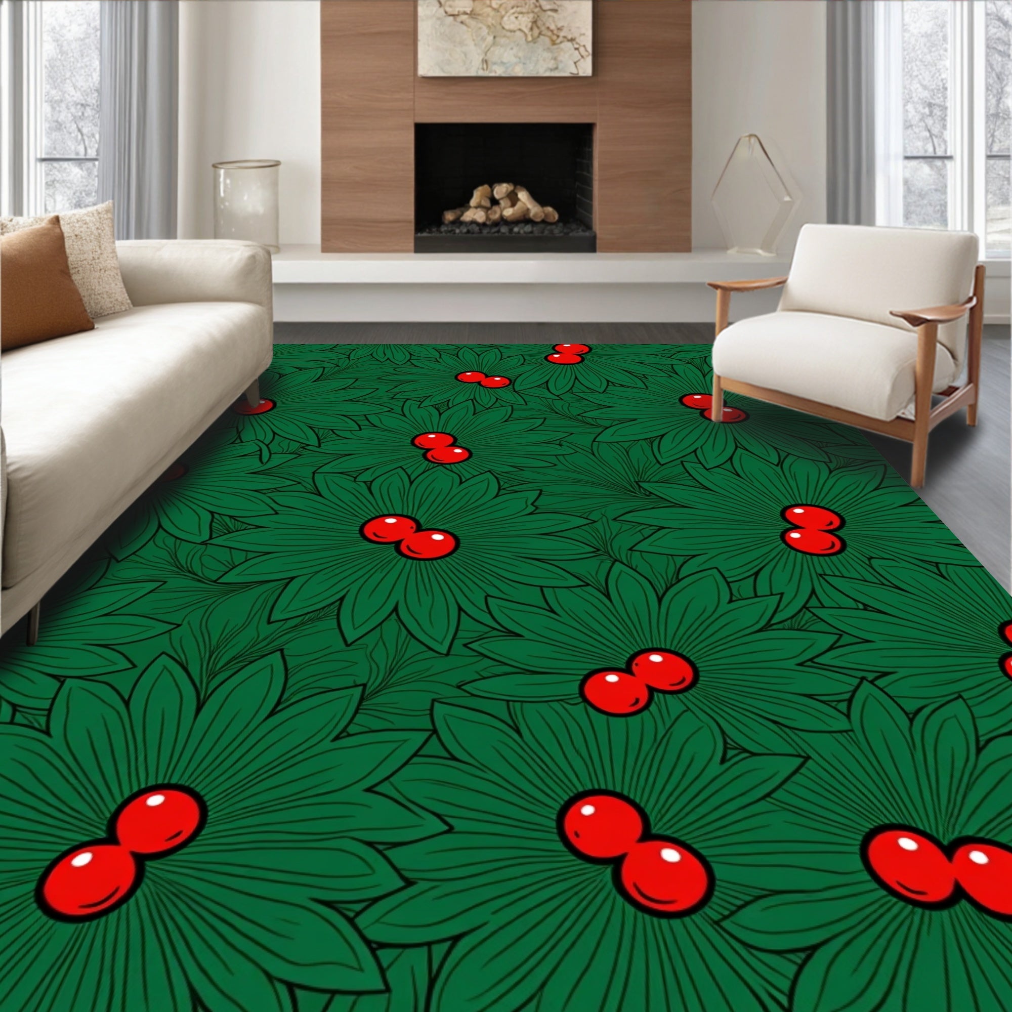Christmas Holly Berry Floral Rug