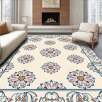Cream Pink Blue Floral Medallion Border Rug