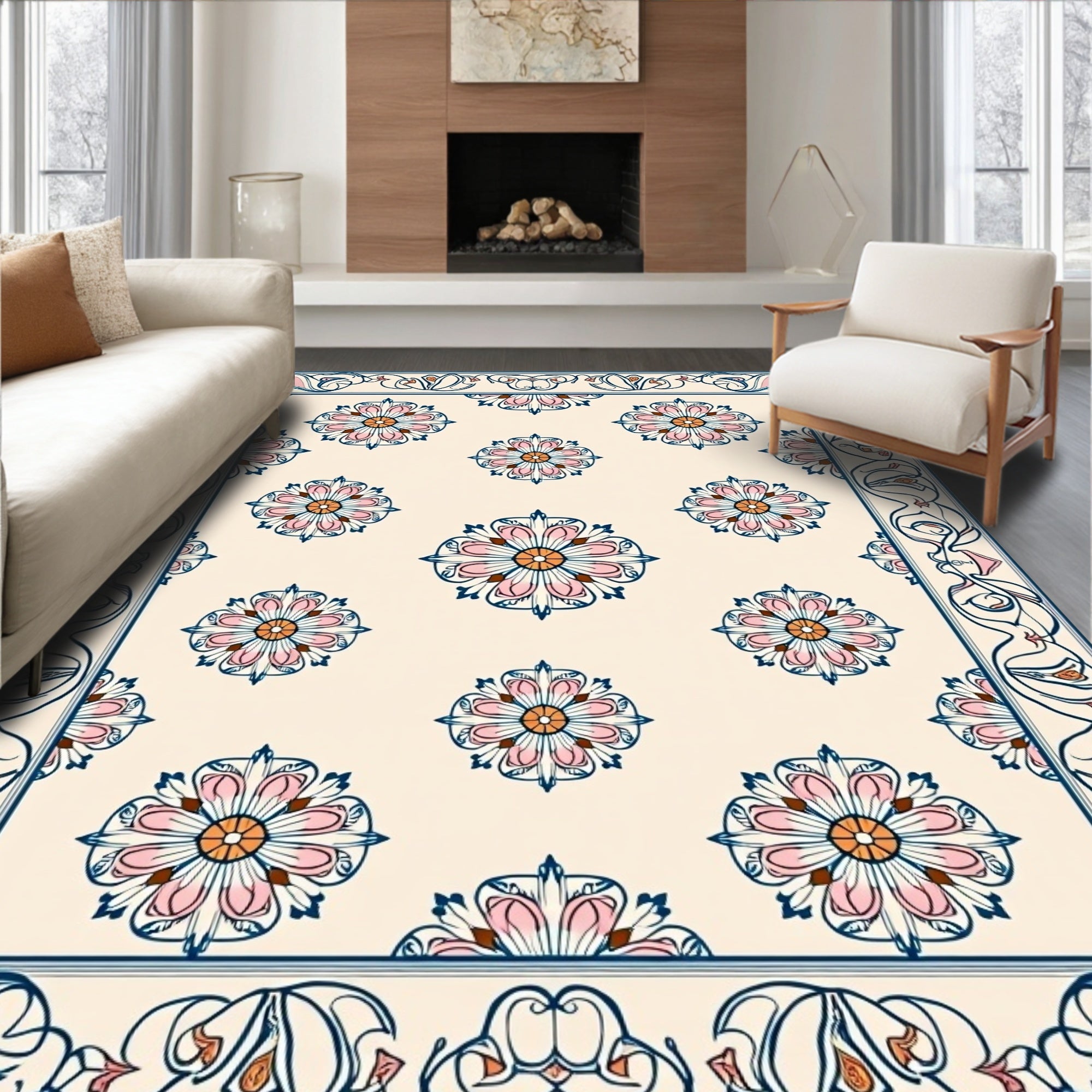 Cream Pink Blue Floral Medallion Border Rug