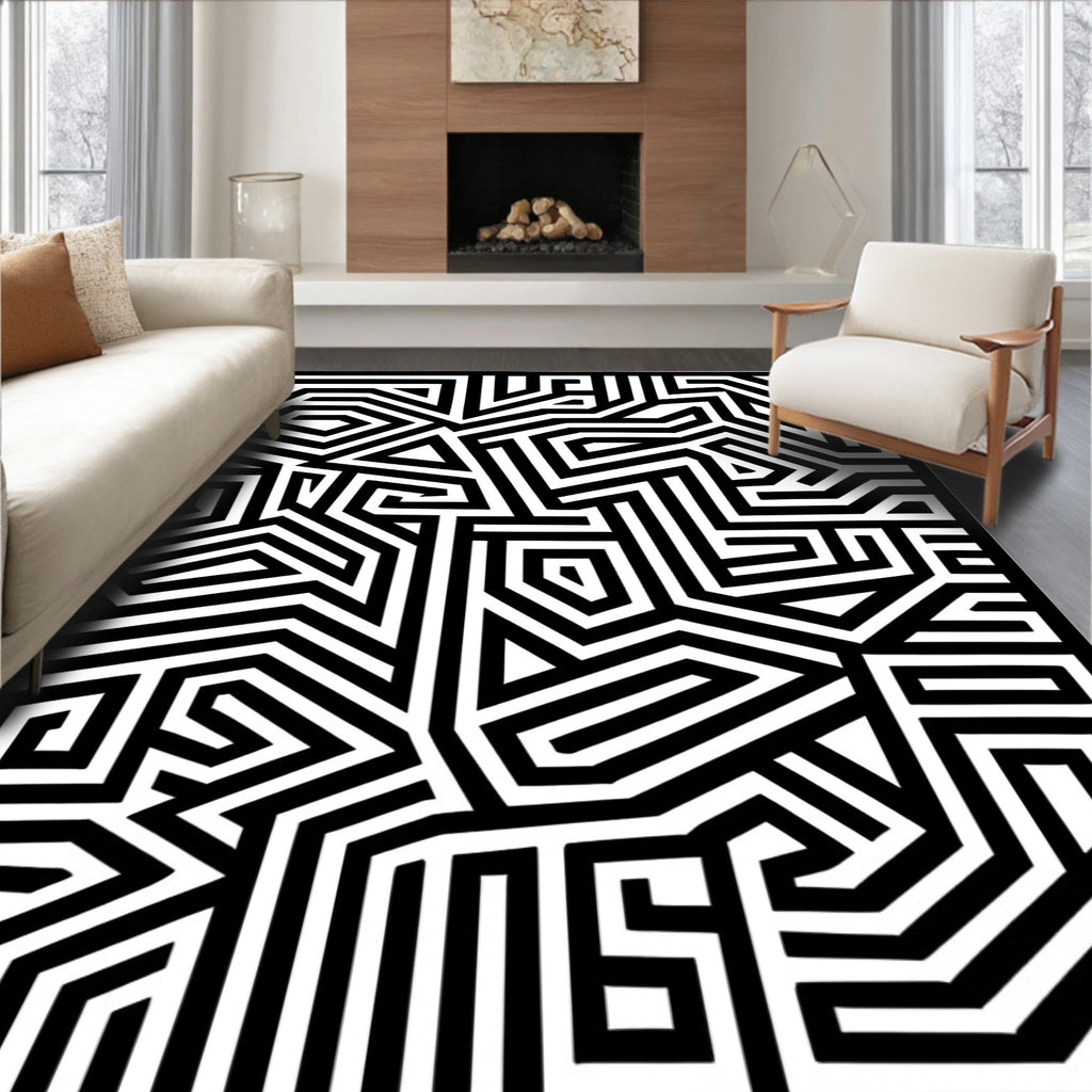 Bold Black White Linear Maze Rug
