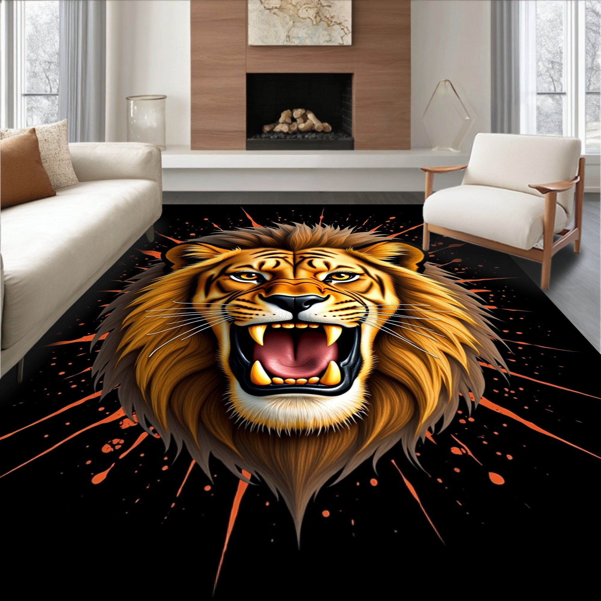 Roaring Lion Face Splatter Art Rug