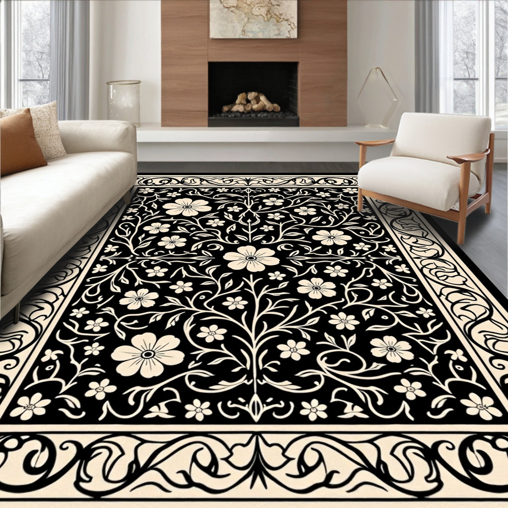 Black Floral Vine Scrollwork Pattern Rug