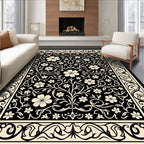 Black Floral Vine Scrollwork Pattern Rug
