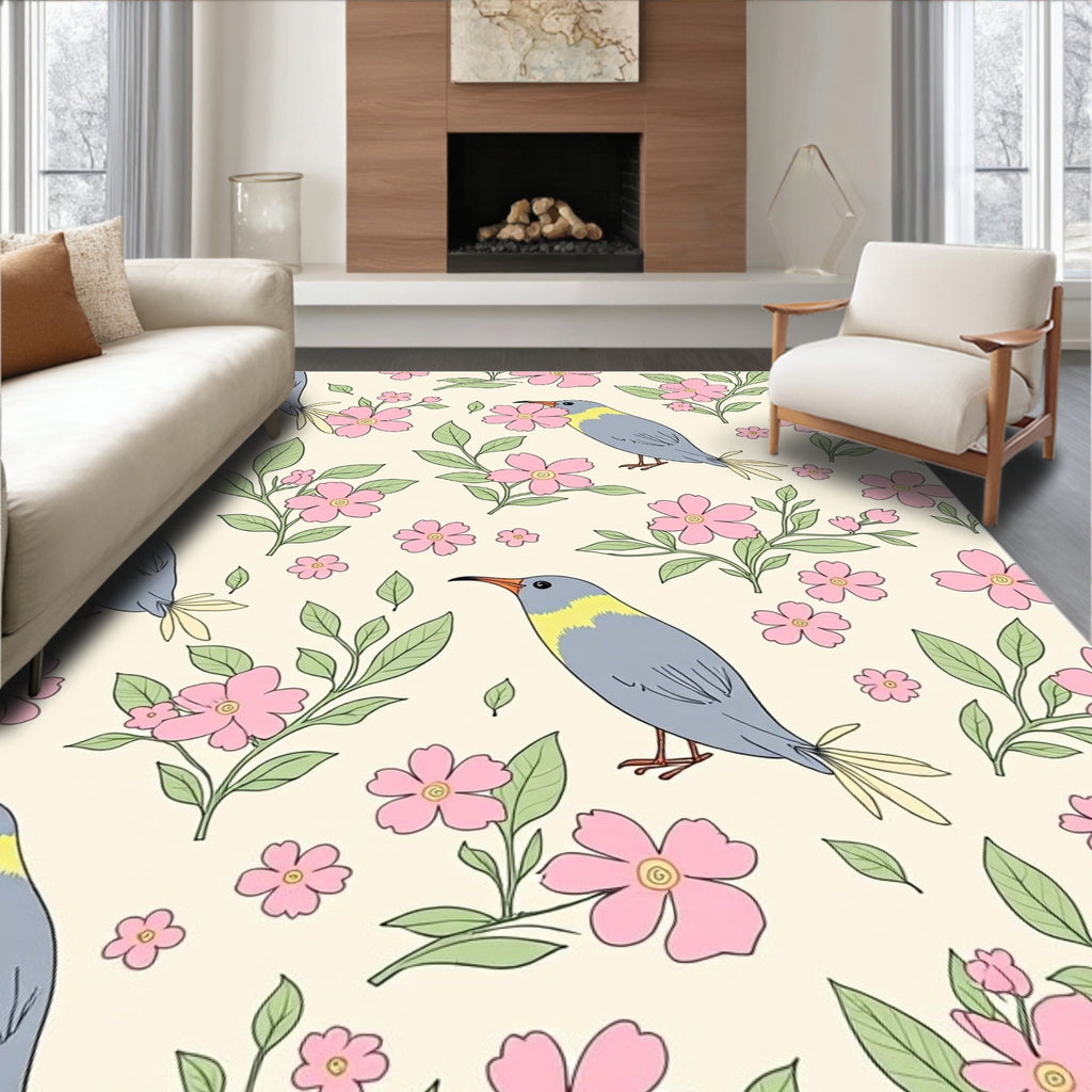 Chirping Birds and Pink Flower Pattern Rug