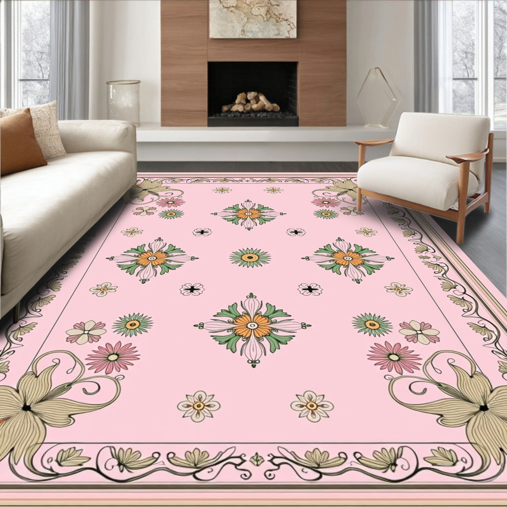 Elegant Floral Border Pink Ground Rug