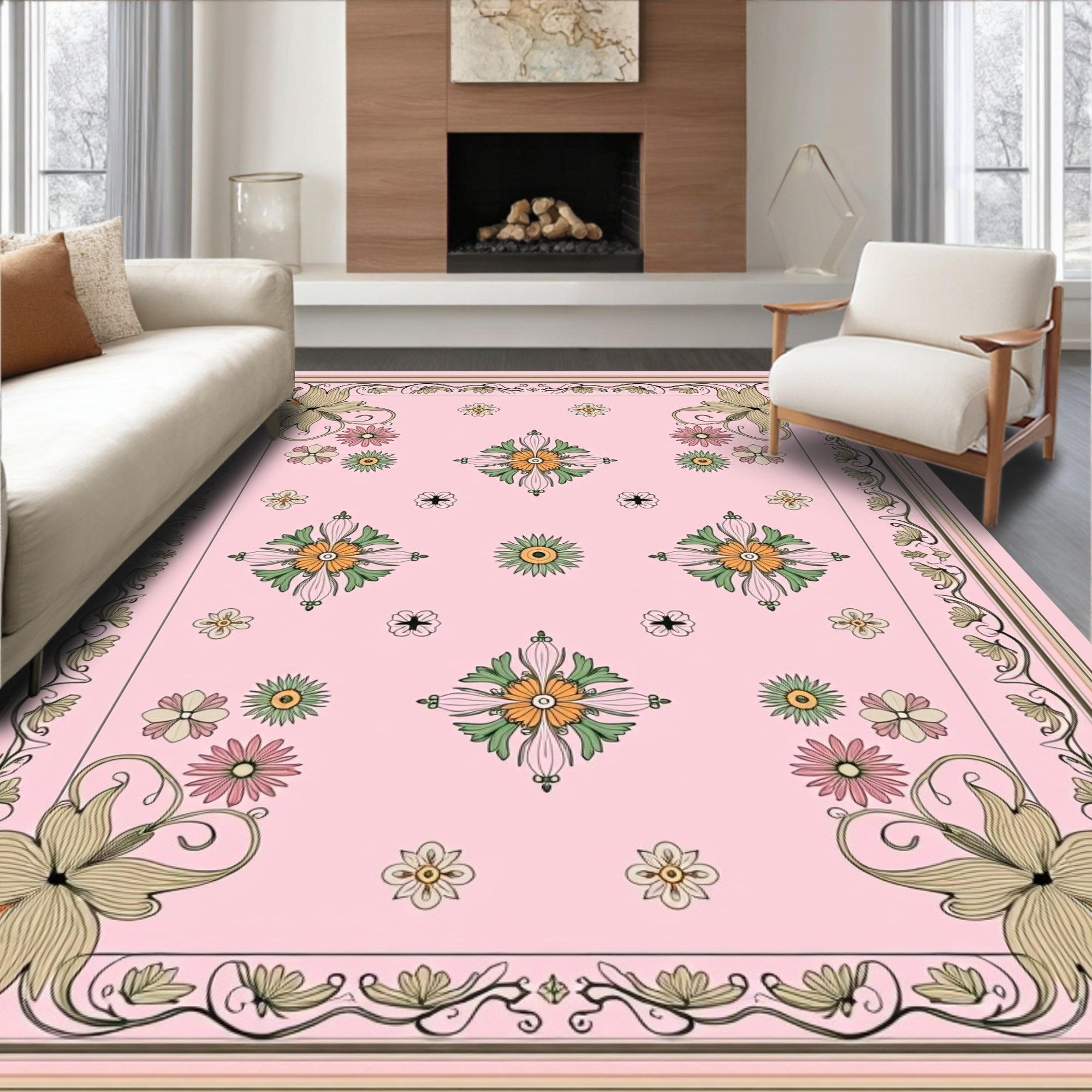 Elegant Floral Border Pink Ground Rug