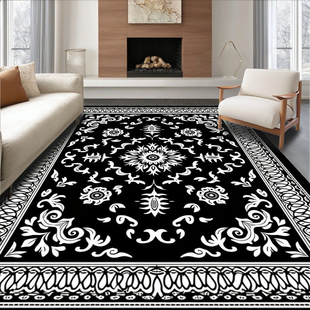 Black White Ornamental Floral Pattern Rug
