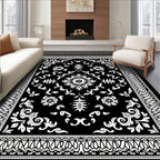 Black White Ornamental Floral Pattern Rug