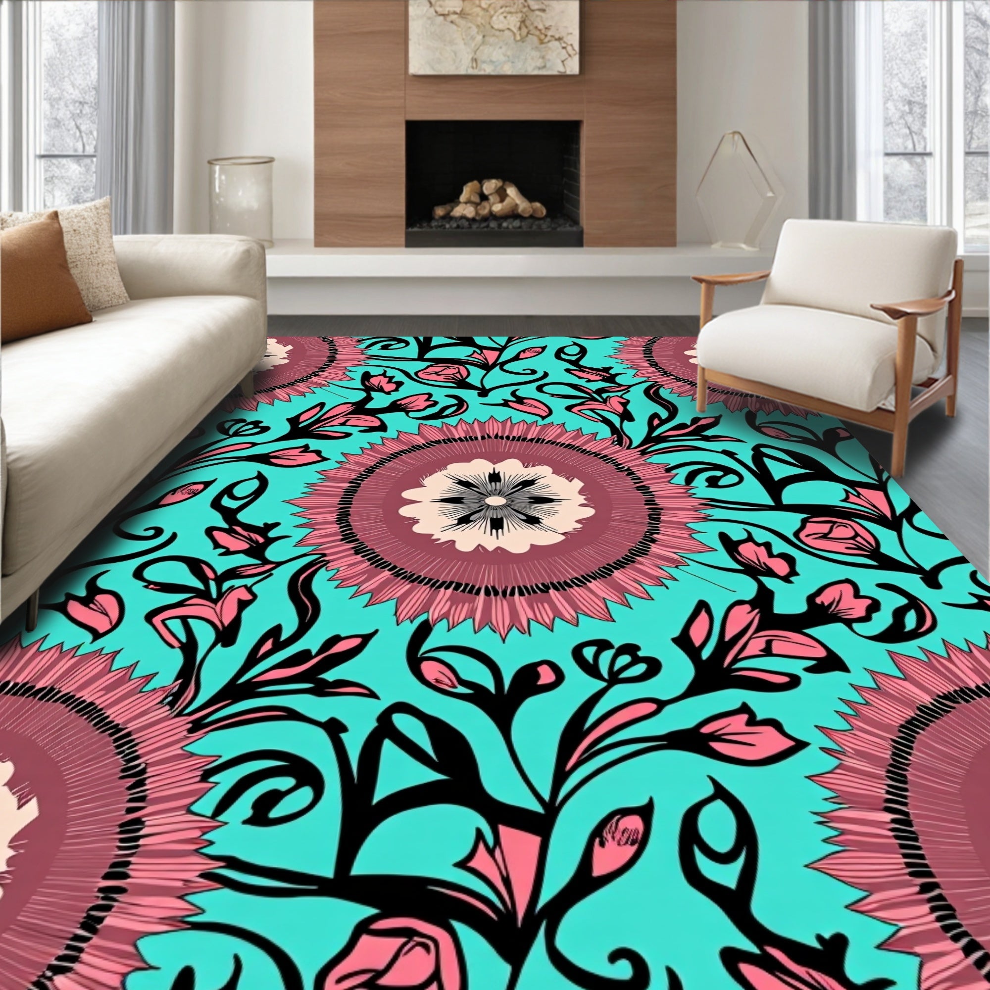 Aqua Pink Floral Mandala Print Rug