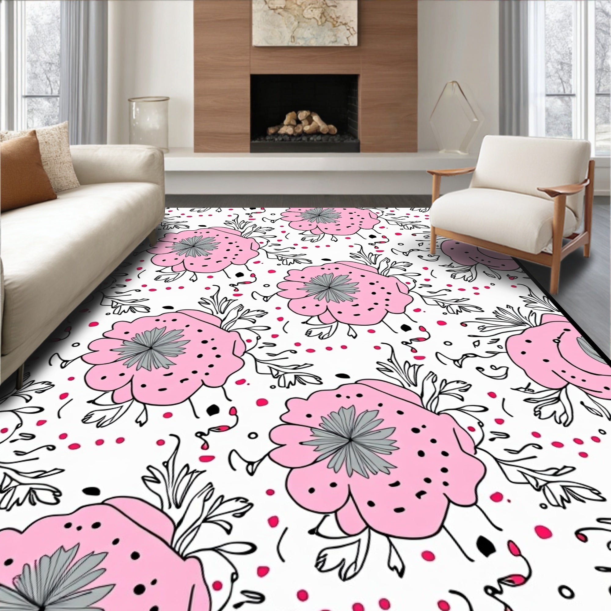 Pink Floral Dot Pattern Rug