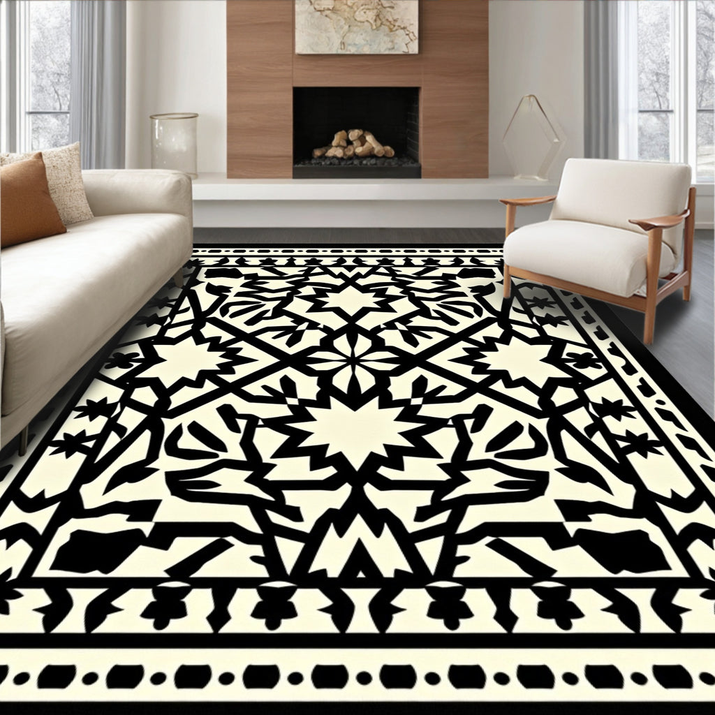 Intricate Geometric Black White Pattern Rug