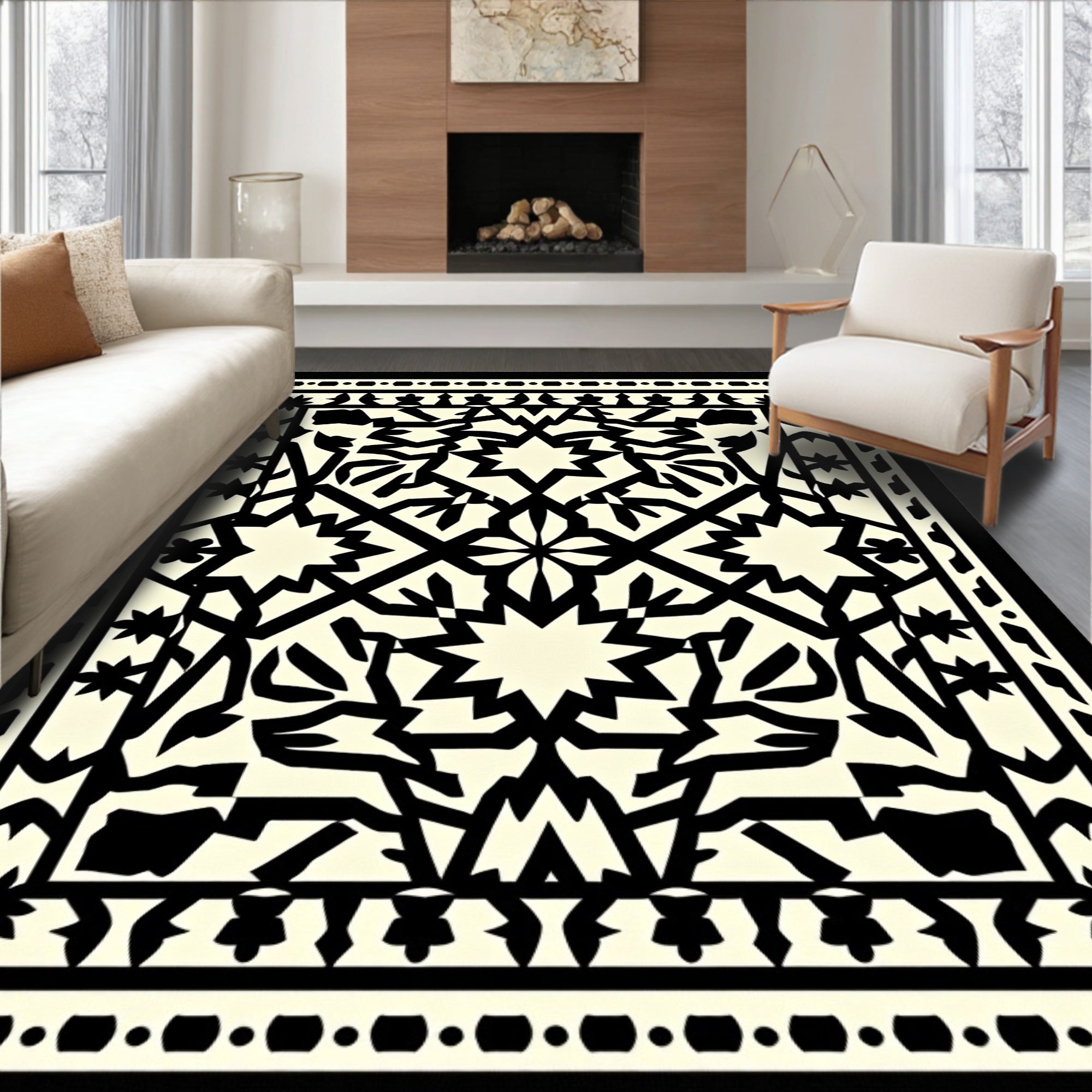 Intricate Geometric Black White Pattern Rug