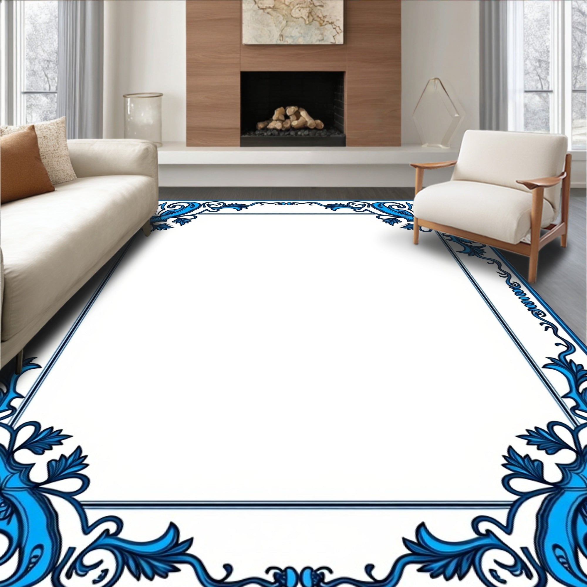 Blue Floral Swirl Elegant Scroll Frame Rug