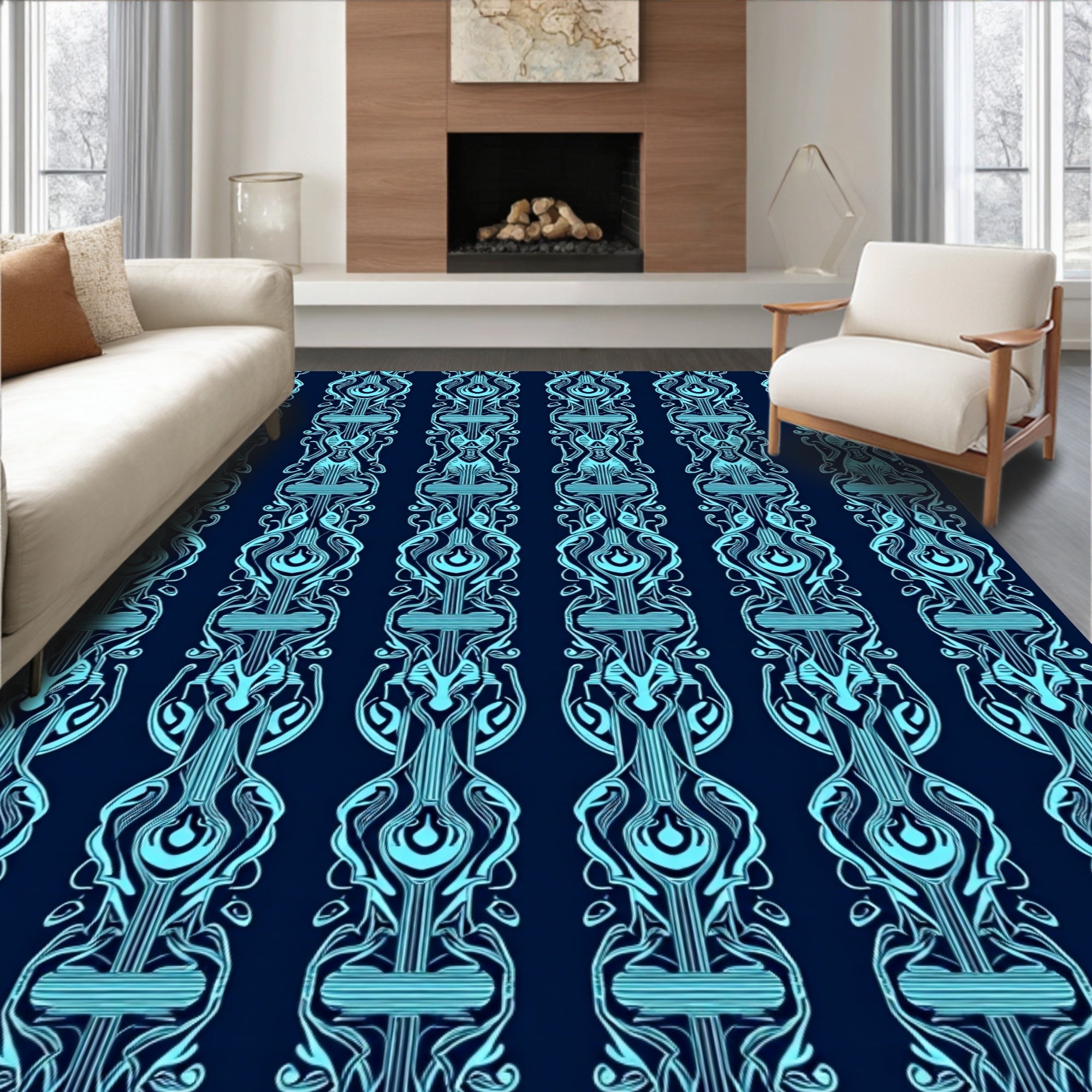 Abstract Blue Stylized Vertical Pattern Rug