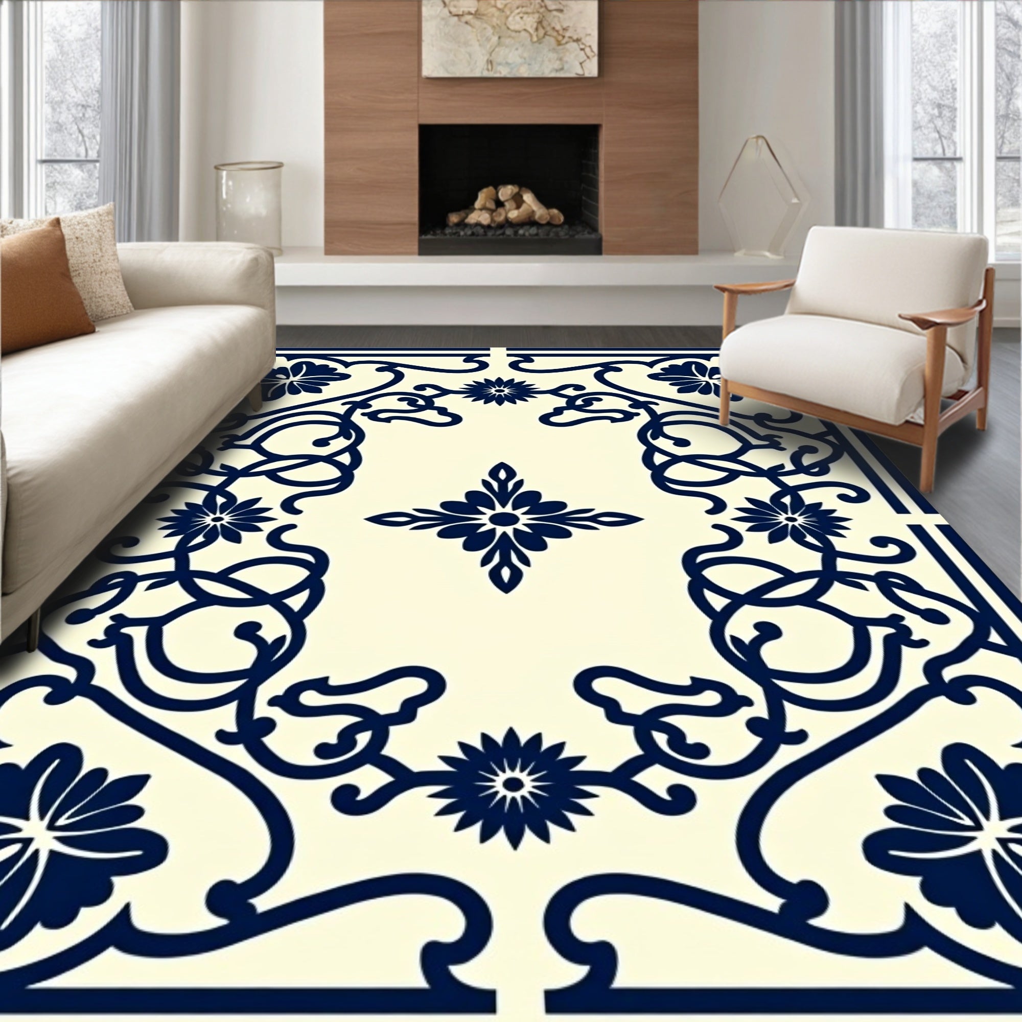 Classic Navy Floral Vines Pattern Rug