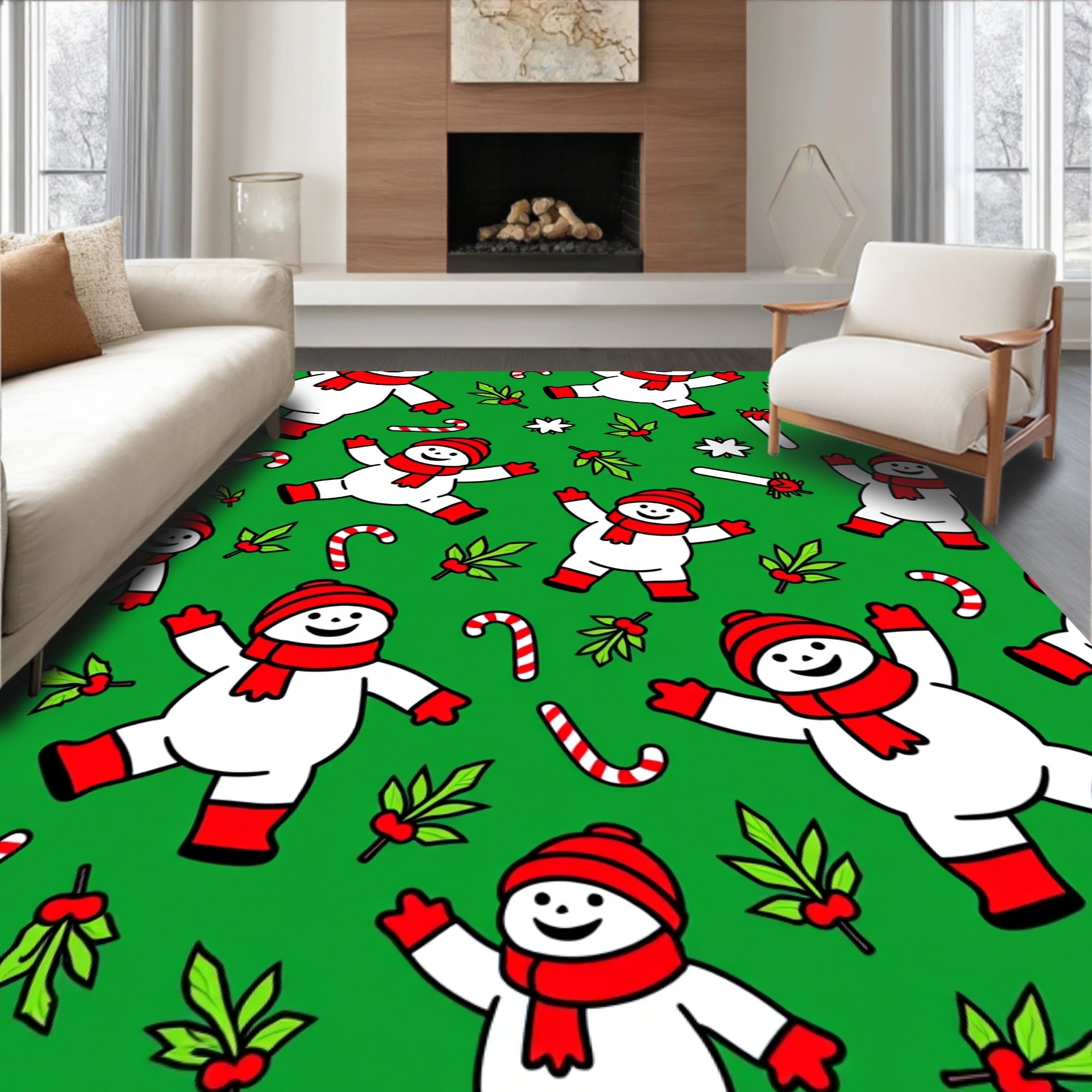 Whimsical Snowmen Candy Cane Christmas Green Rug