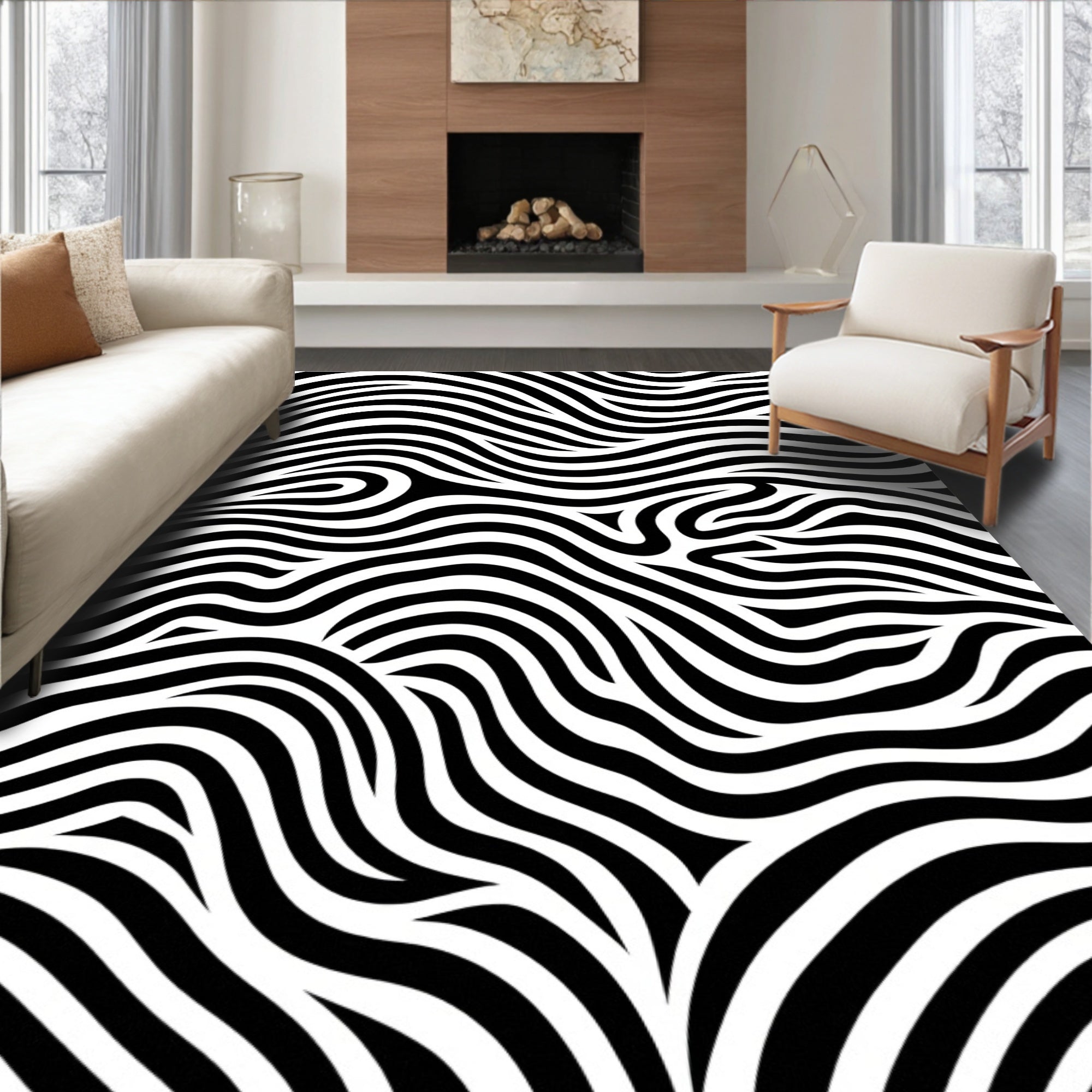 Bold Black White Wavy Stripes Rug
