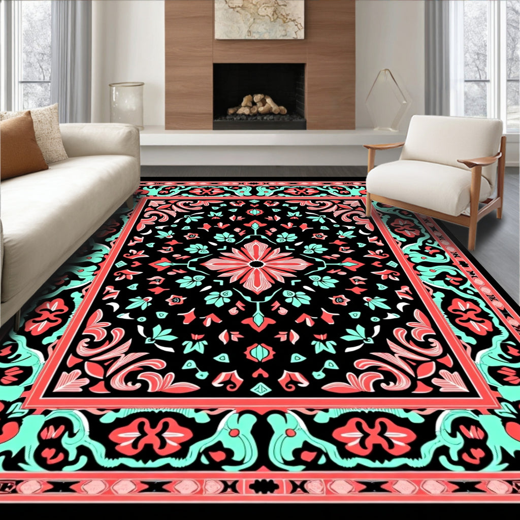 Coral Aqua Floral Symmetry Pattern Rug