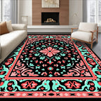 Coral Aqua Floral Symmetry Pattern Rug