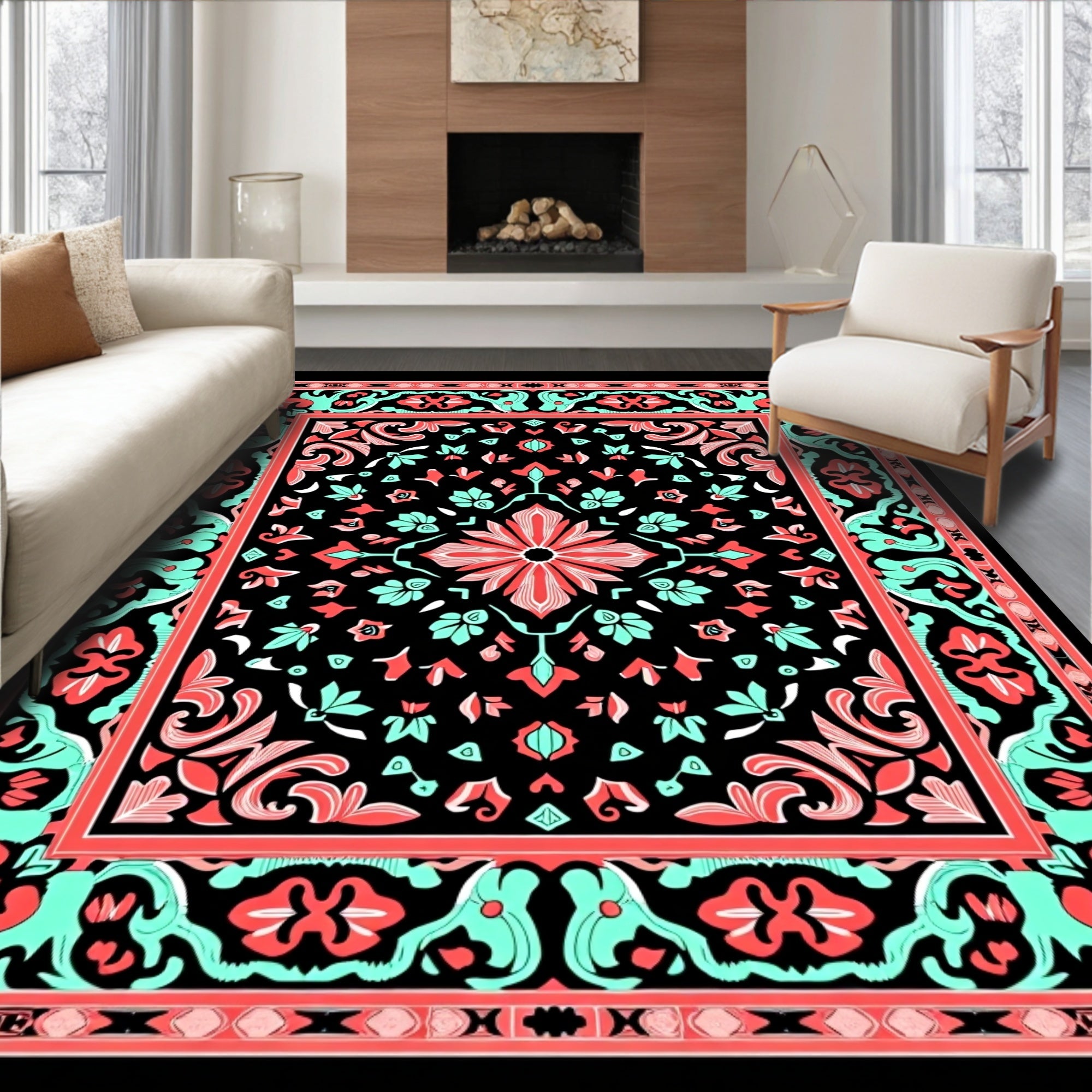 Coral Aqua Floral Symmetry Pattern Rug