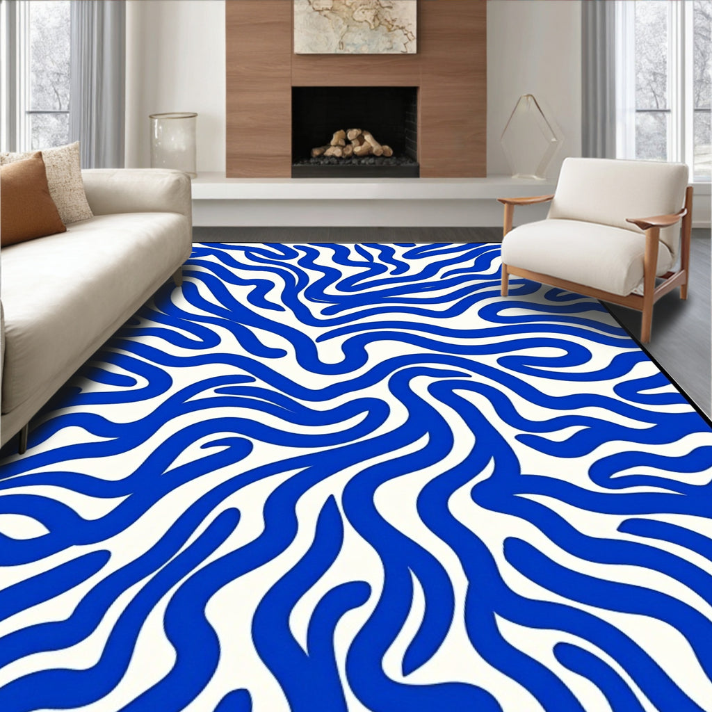 Bold Blue Wavy Abstract Pattern Rug