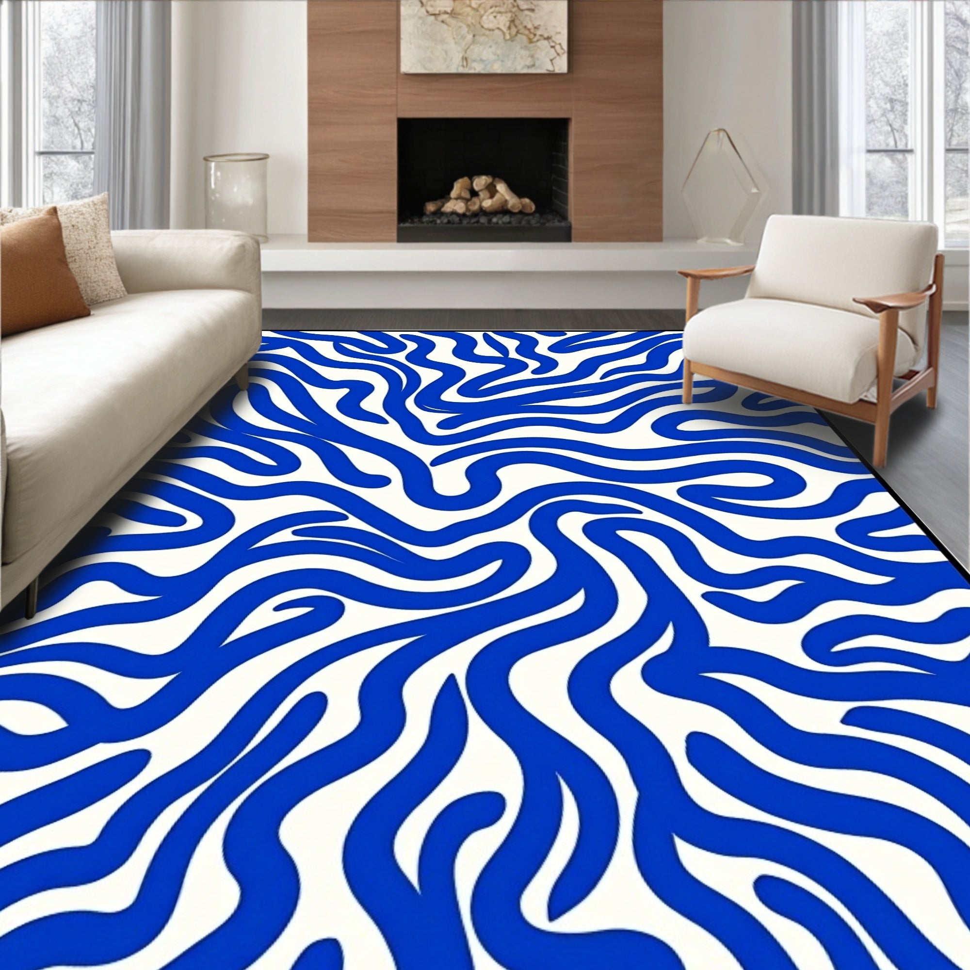 Bold Blue Wavy Abstract Pattern Rug