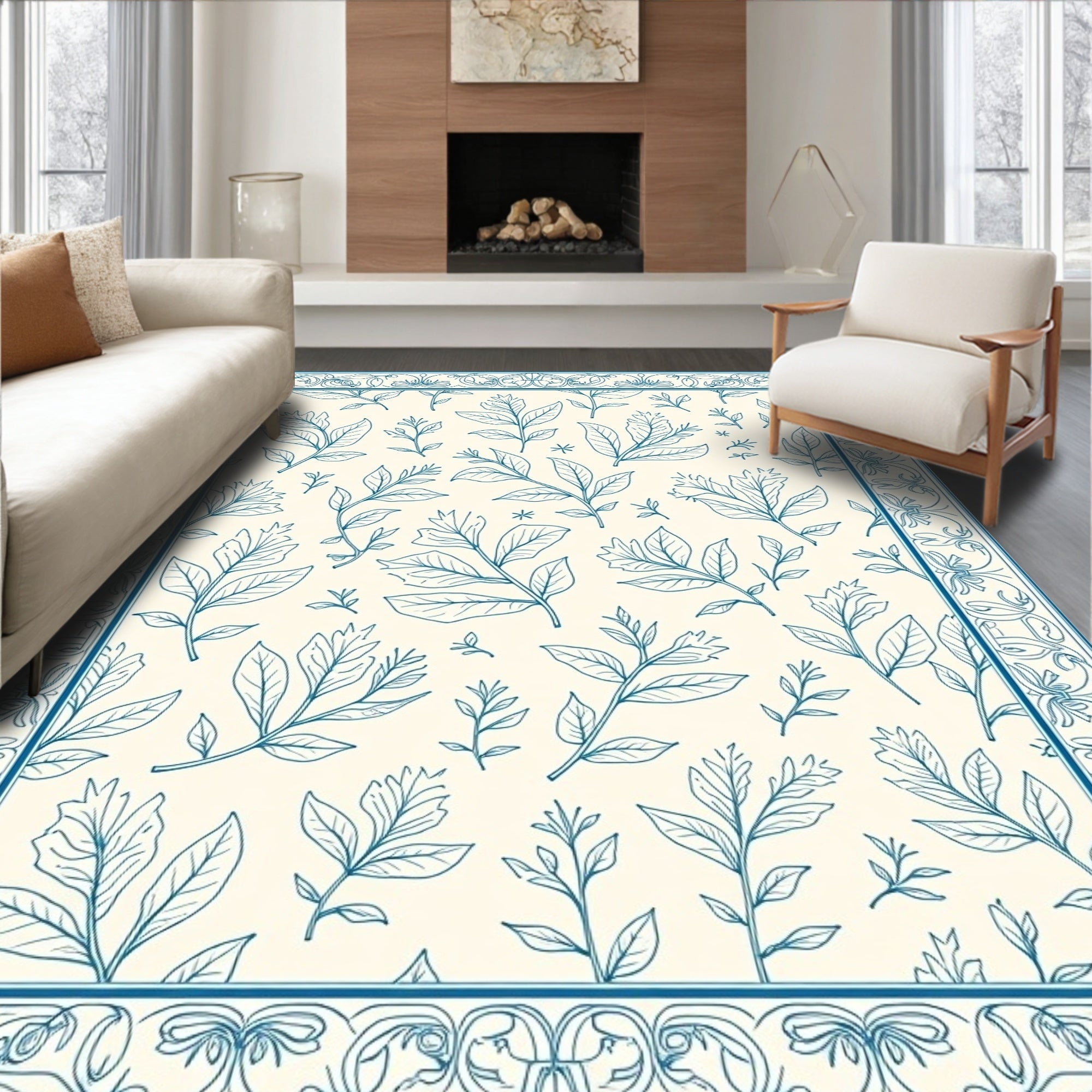 Delicate Leaf Pattern With Floral Border Rug