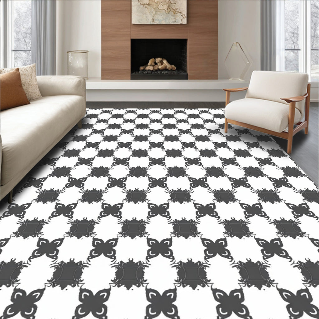 Classic Black White Interlocking Pattern Rug