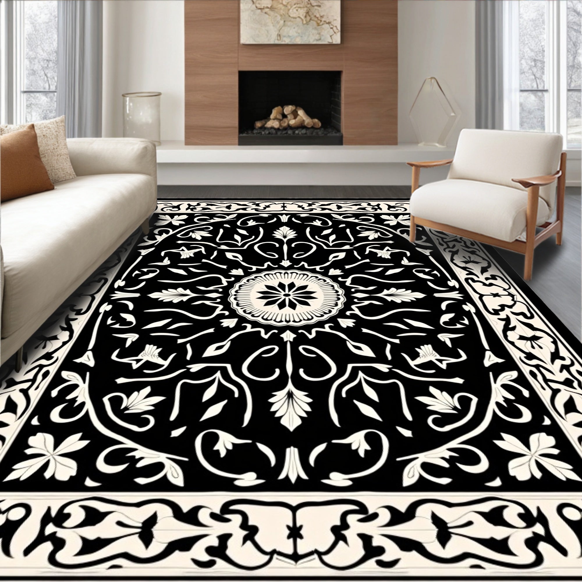 Black Cream Floral Medallion Design Rug