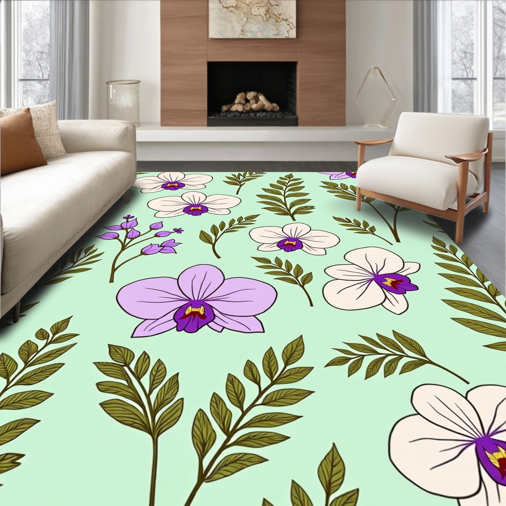 Orchid and Fern Botanical Pattern Rug