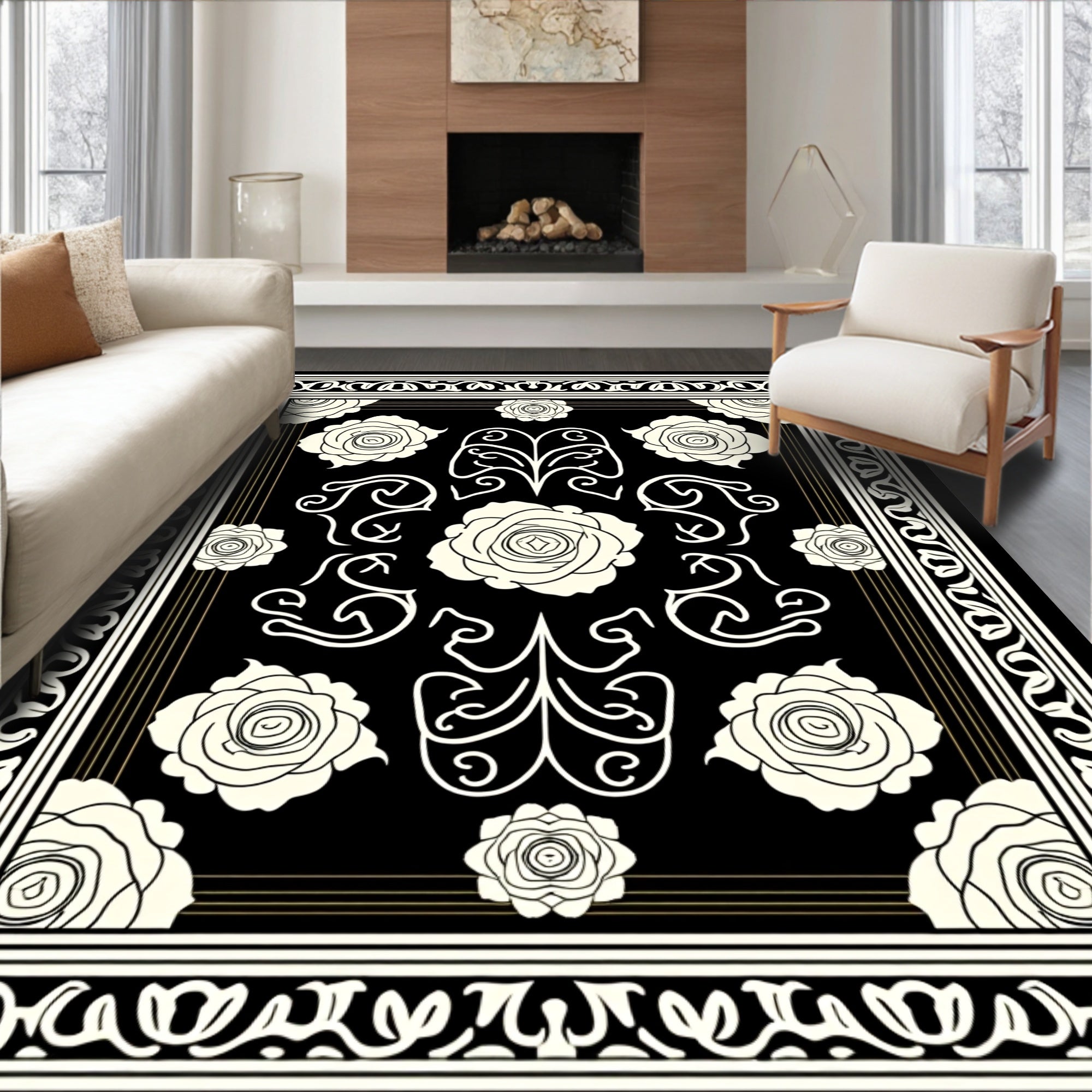 Black Garden Rose Filigree Rug