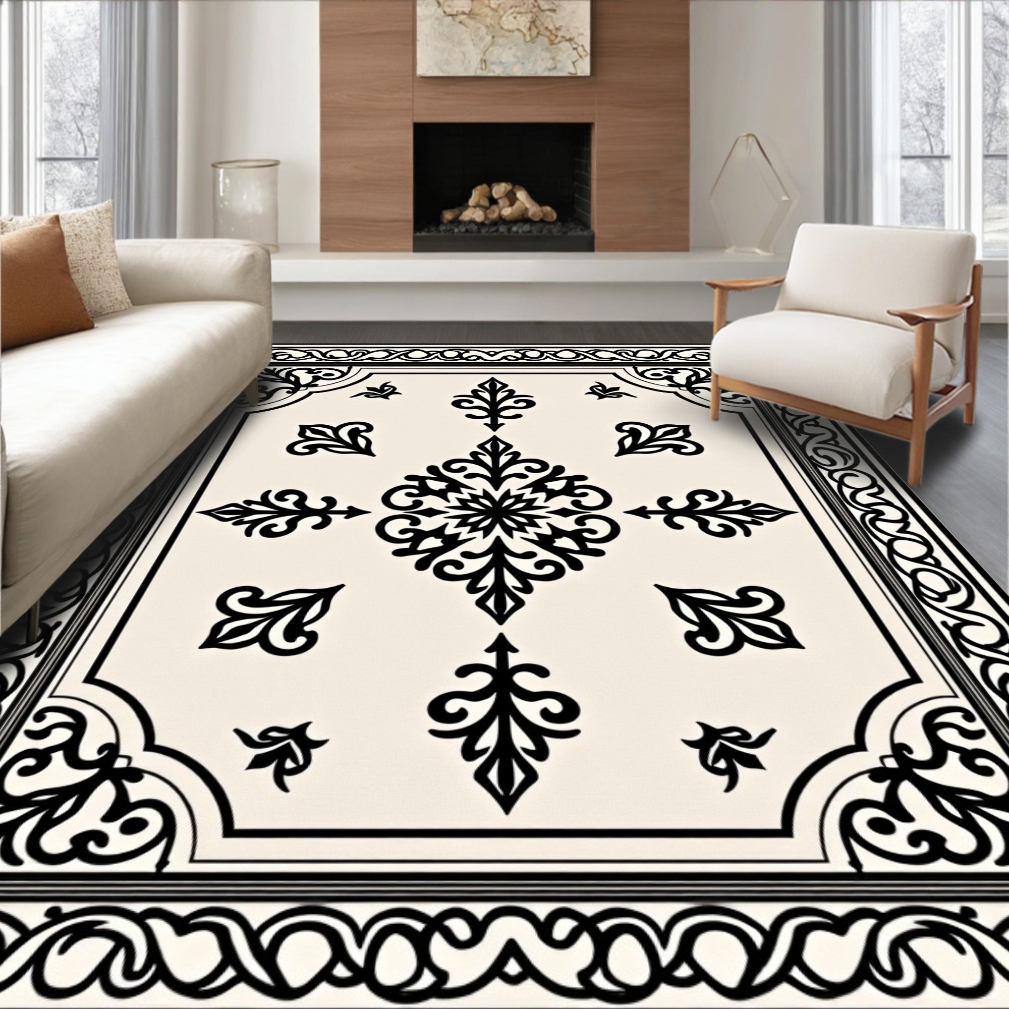 Classic Ornate Black Floral Damask Rug