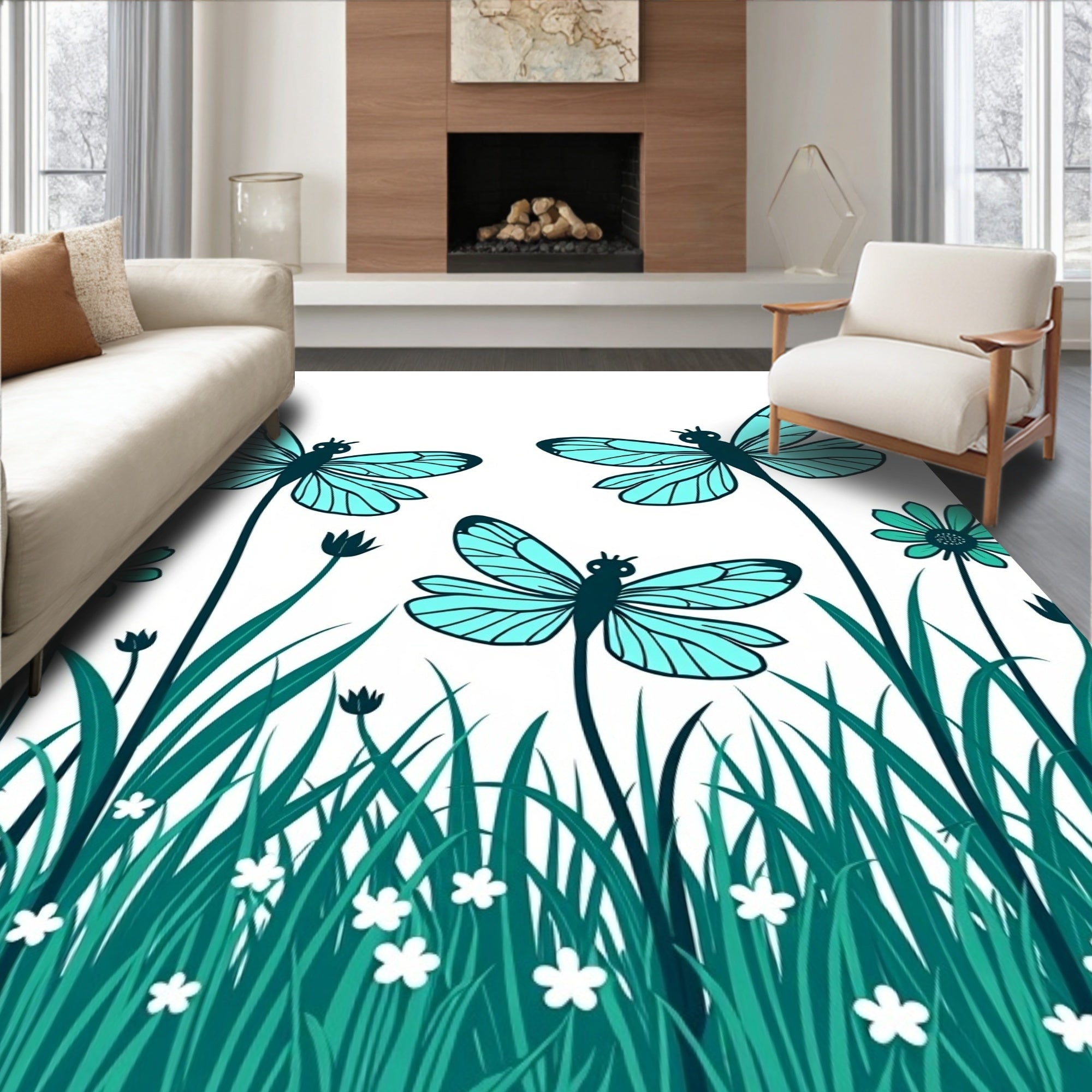 Aqua Dragonflies and Garden Whimsy Rug