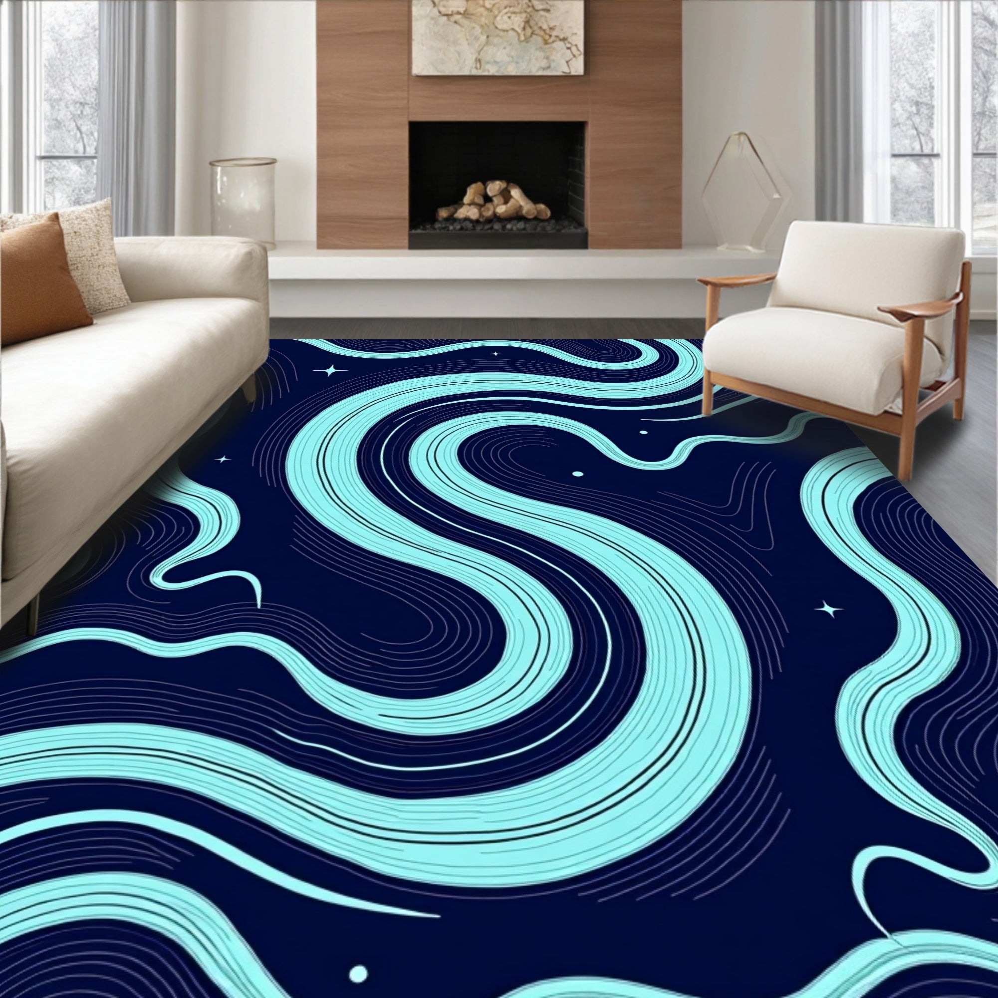 Deep Blue Swirl Star Pattern Rug