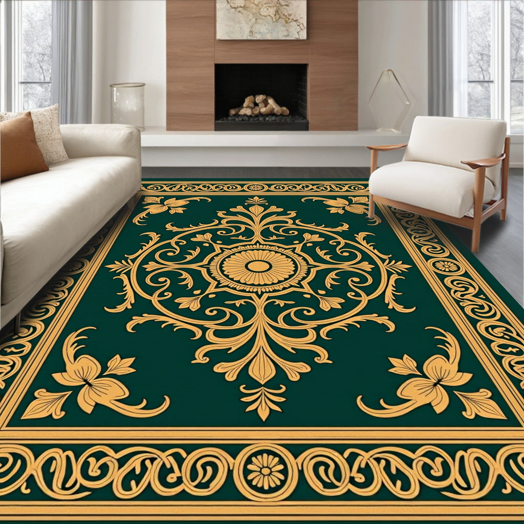 Ornate Gold Floral Scrollwork Rug