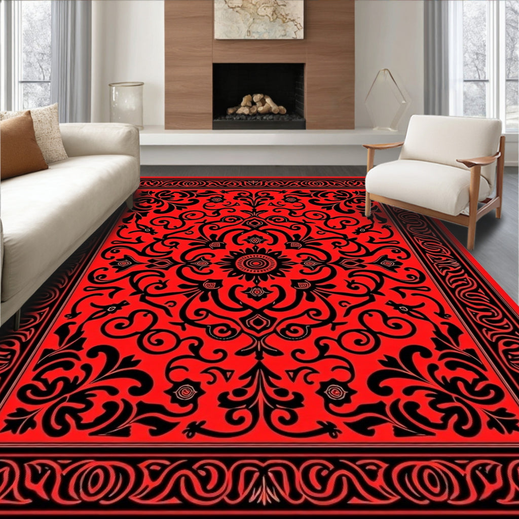 Red Floral Scrollwork with Black Border Rug