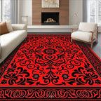 Red Floral Scrollwork with Black Border Rug