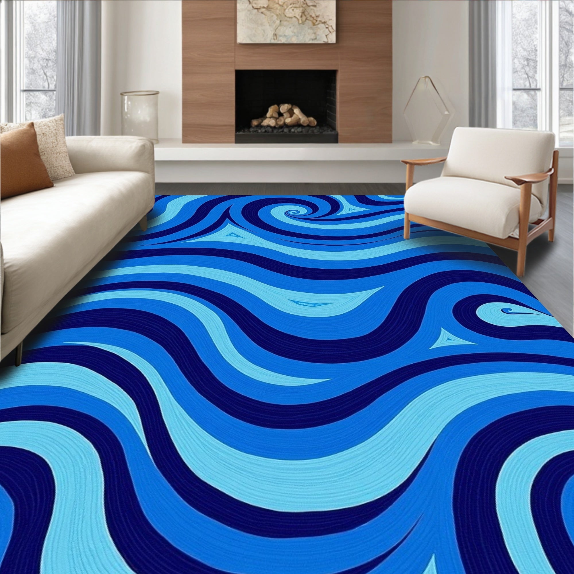 Vivid Blue Swirl Wave Pattern Rug