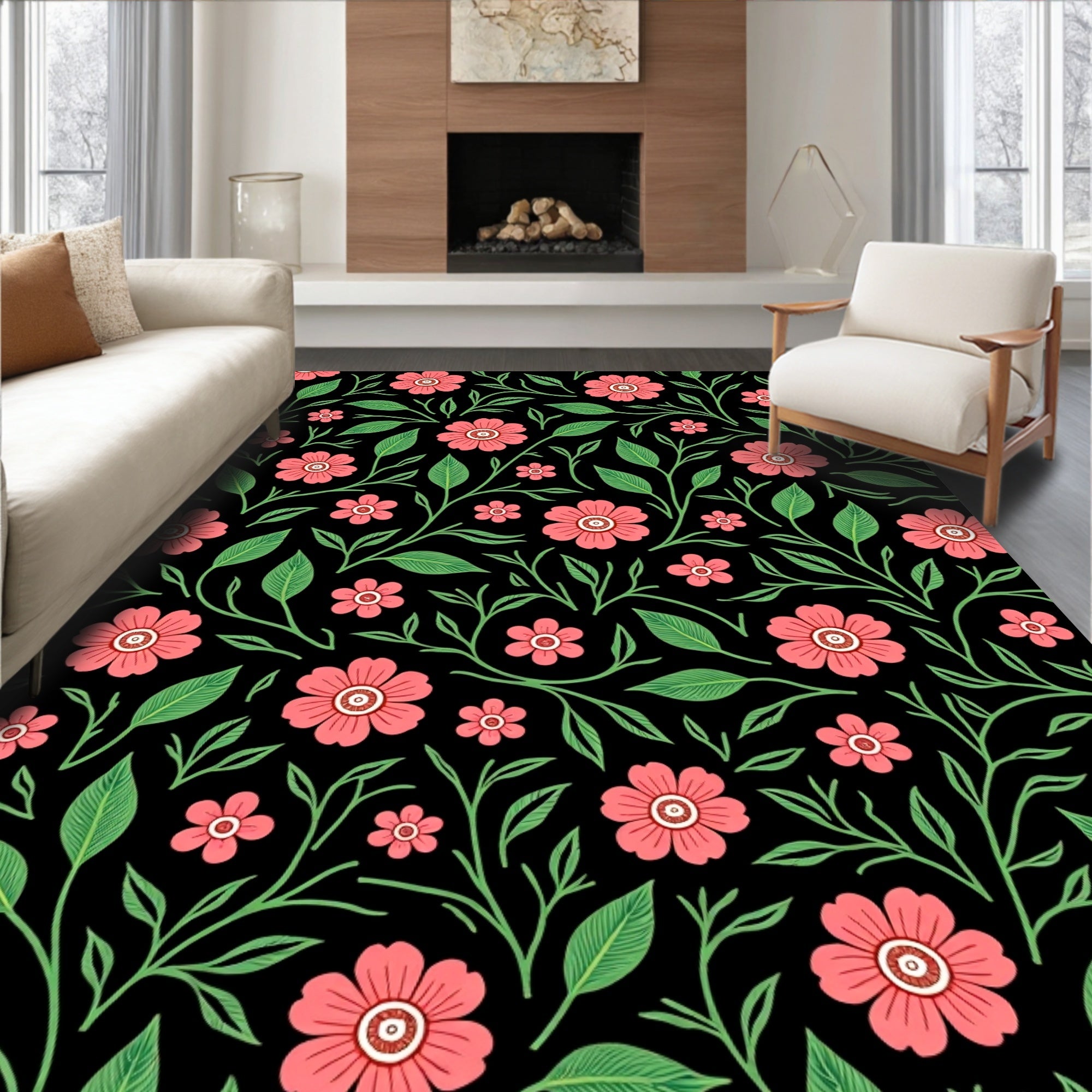 Coral Flower Vine Intricate Pattern Rug