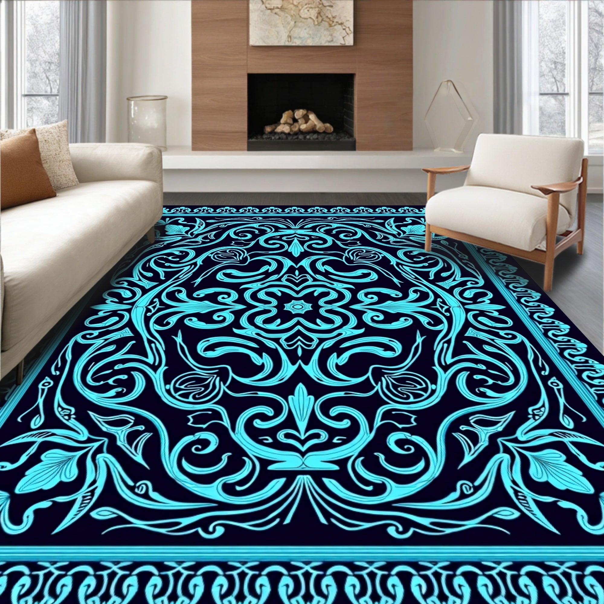 Elegant Floral Swirls With Border Rug