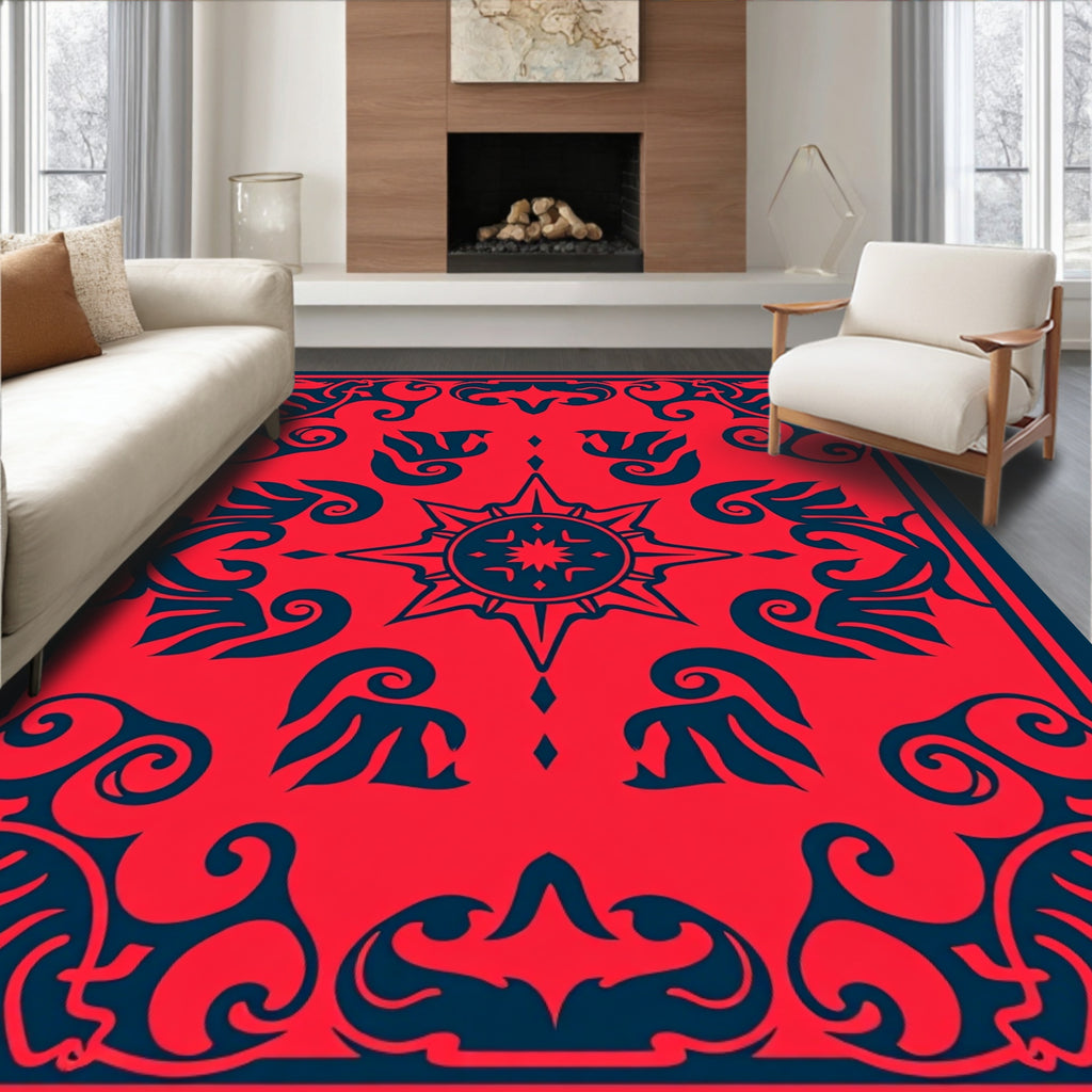 Bold Red Blue Symmetry Design Rug
