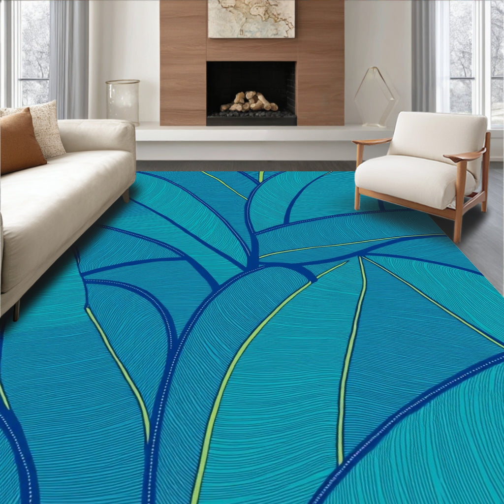 Teal Blue Tropical Leaf Composition Rug