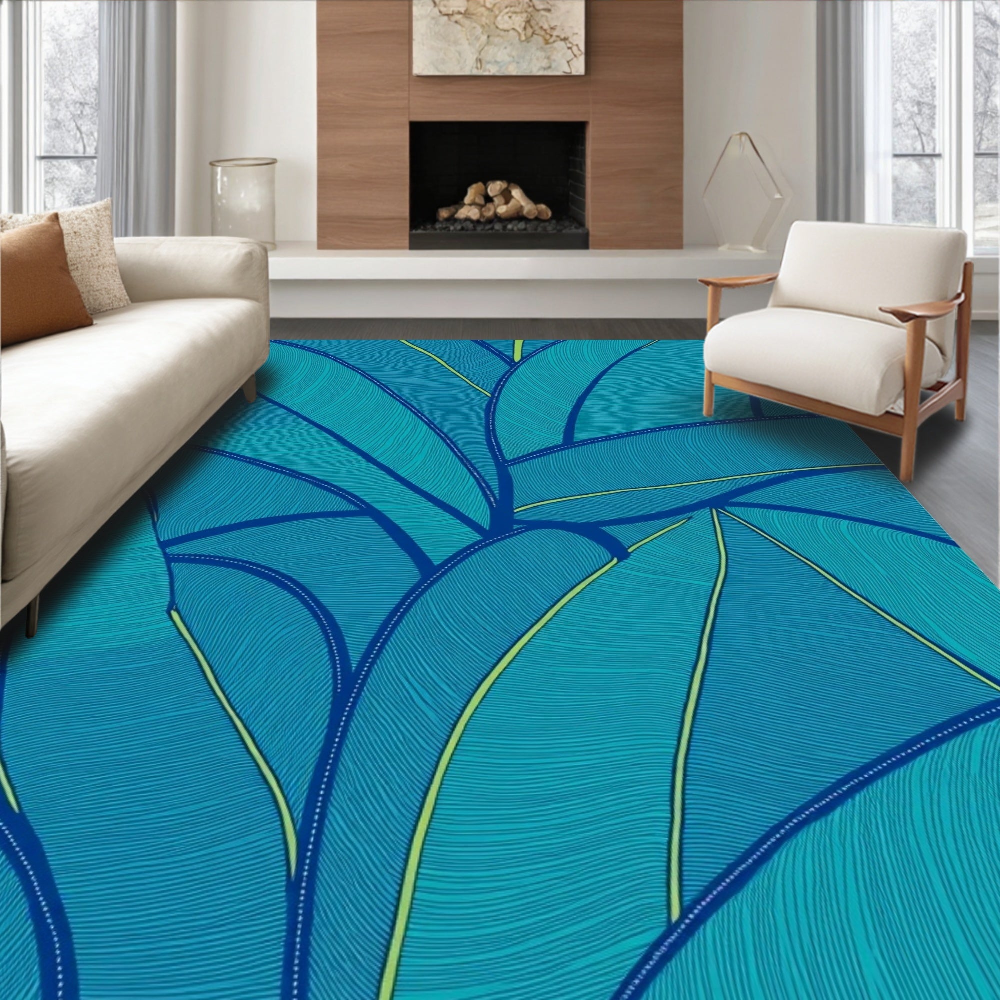 Teal Blue Tropical Leaf Composition Rug