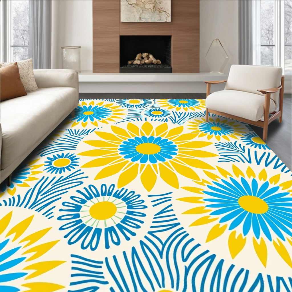 Bright Yellow Blue Daisy Burst Pattern Rug