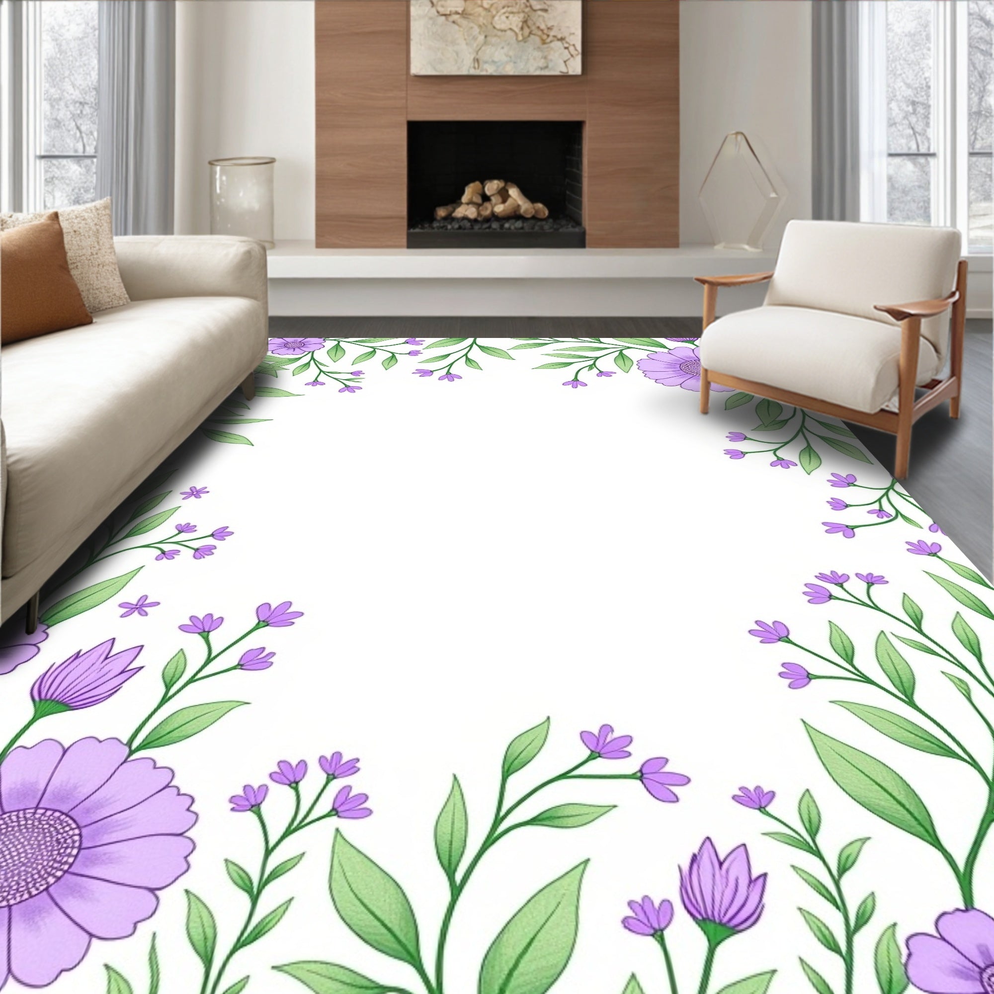 Purple Floral Vines Contemporary Design Rug