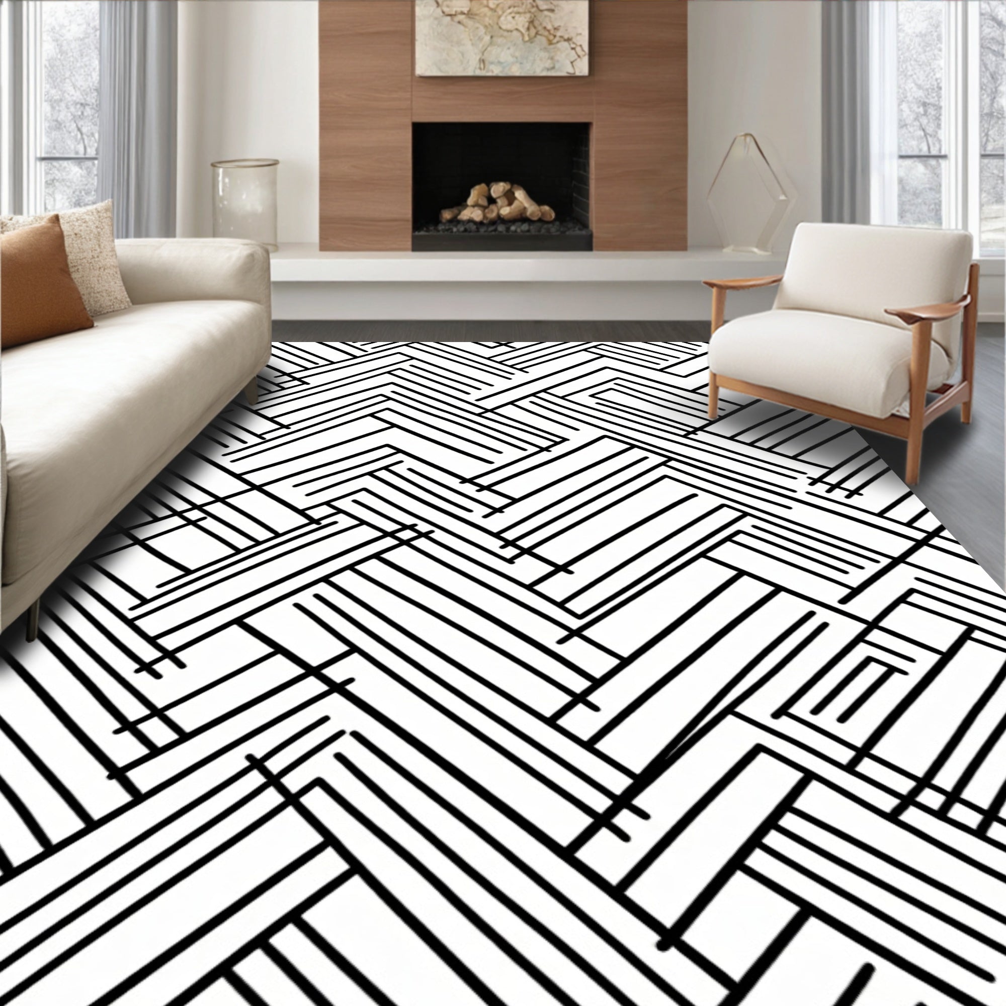 Bold Black White Line Art Pattern Rug