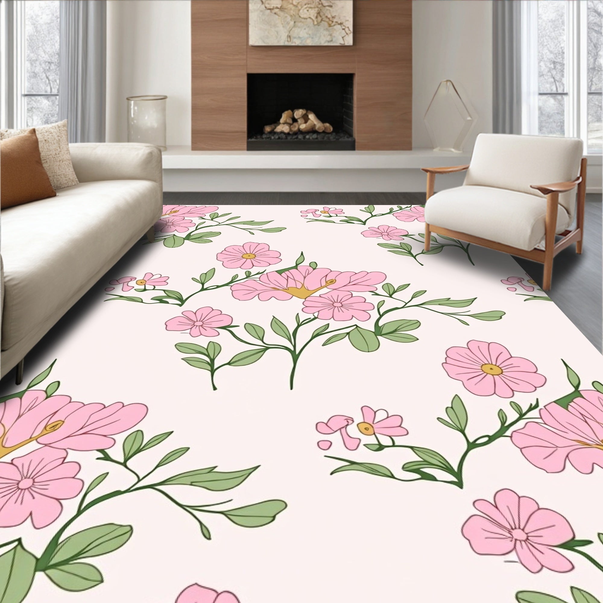 Sweet Pink Floral Branch Pattern Rug