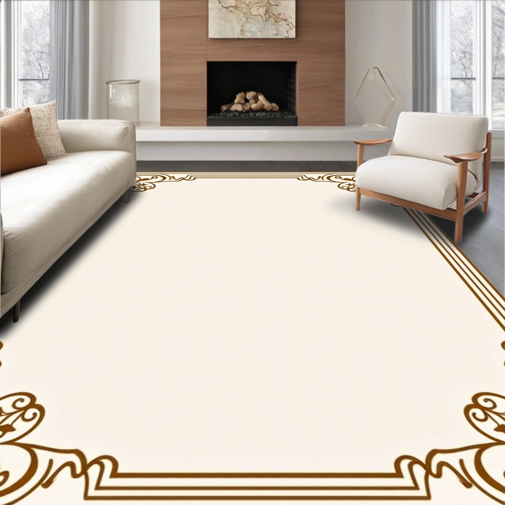 Elegant Brown Scrollwork Border Rug